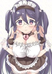 Rule 34 | 1girl, absurdres, alternate costume, apron, bare shoulders, breasts, cleavage, enmaided, glasses, gloves, gotou masaki, highres, large breasts, long hair, looking at viewer, maid, maid apron, maid headdress, mone-san no majime sugiru tsukiaikata, purple eyes, purple hair, rimless eyewear, simple background, sleeveless, smile, solo, upper body, very long hair, white background, white gloves, yozakura momone