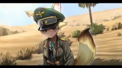 Rule 34 | 1girl, animal ear fluff, animal ears, blonde hair, blue sky, brown eyes, day, desert, erwin (girls und panzer), fox ears, fox tail, girls und panzer, goggles, goggles around neck, goggles on headwear, green hat, hat, highres, jacket, kk90, letterboxed, long sleeves, military jacket, ooarai military uniform, outdoors, palm tree, peaked cap, pointy hair, short hair, sky, solo, tail, tree