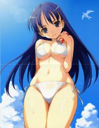 Rule 34 | 1girl, absurdres, bikini, bird, blue eyes, blue hair, breasts, can, cleavage, cloud, coca-cola, covered erect nipples, crease, day, drink can, head tilt, highres, large breasts, lens flare, long hair, looking down, matching hair/eyes, morisawa haruyuki, navel, non-web source, outdoors, product placement, scan, side-tie bikini bottom, sky, smile, soda can, solo, swimsuit, underboob, wet, white bikini