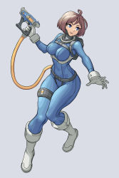 Rule 34 | 1girl, ahoge, backpack, bag, blue bodysuit, blue eyes, bodysuit, boots, breasts, brown hair, cable, commentary, english commentary, full body, gloves, grey background, grey footwear, grey gloves, gun, handgun, harness, highres, impossible bodysuit, impossible clothes, knee boots, medium breasts, nonneim, original, pinky out, science fiction, short hair, skin tight, solo, thigh strap, weapon
