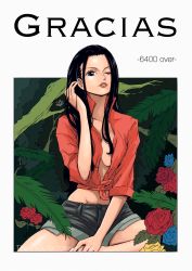 Rule 34 | 1girl, absurdres, blue eyes, border, breasts, cleavage, flower, front-tie top, hand in own hair, highres, large breasts, leaf, lips, long hair, looking at viewer, navel, nico robin, one eye closed, one piece, open clothes, open shirt, outside border, parted lips, plant, sherumaru (korcht06), shirt, short shorts, shorts, smile, solo, spanish text, text focus, tied shirt, translated, wink