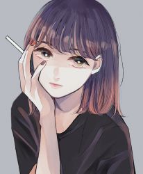 Rule 34 | 1girl, absurdres, black shirt, brown hair, cigarette, eyebrows hidden by hair, grey background, hand on own cheek, hand on own face, highres, holding, holding cigarette, looking at viewer, medium hair, nail polish, original, red nails, richard-kun, shirt, short sleeves, simple background, solo, tearing up, upper body