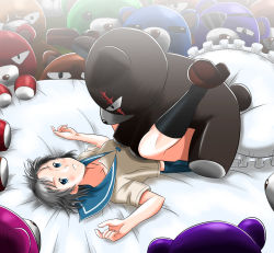 Rule 34 | 1girl, bear, bed, black socks, breasts, commentary request, eyepatch, imminent gangbang, imminent rape, implied sex, kneehighs, open mouth, original, pillow, scar, short hair, skirt, socks, solo, stuffed toy, takaya n