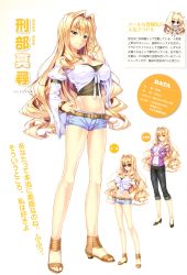 Rule 34 | 1girl, absurdres, aozora stripe, belt, blonde hair, blue eyes, blush, bracelet, character chart, character profile, character sheet, full body, hair intakes, hands on own hips, highres, jewelry, long hair, long sleeves, looking at viewer, midriff, no socks, official art, osakabe mahiro, piromizu, sandals, scan, shirt, shoes, shorts, smile, sunglasses, text focus, very long hair, white background