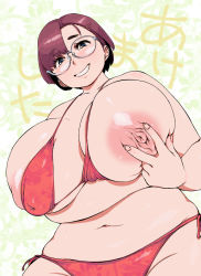 Rule 34 | 1girl, arm under breasts, bikini, blue eyes, breasts, brown hair, commentary request, glasses, grin, groin, hair ornament, hairclip, hip focus, huge breasts, inverted nipples, kasuga shun, looking at viewer, looking down, navel, nipples, original, plump, red bikini, short hair, skindentation, smile, solo, spread nipple, swimsuit, translation request