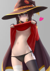 Rule 34 | 10s, 1girl, :o, asymmetrical legwear, bandaged leg, bandages, black cape, black gloves, black panties, black thighhighs, blush, breasts, brown hair, brown hat, button eyes, buttons, cape, clothes lift, dress, dress lift, fingerless gloves, gloves, gluteal fold, grey background, hat, heart, highres, kono subarashii sekai ni shukufuku wo!, legs apart, lifted by self, long sleeves, looking at viewer, megumin, mismatched legwear, navel, no bra, nose blush, panties, parted lips, red eyes, short hair, side-tie panties, sidelocks, simple background, single thighhigh, siraha, small breasts, solo, standing, stomach, tassel, thighhighs, underboob, underwear, witch hat