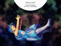 Rule 34 | 1girl, backpack, bag, blue eyes, blue hair, character name, commentary request, copyright name, crying, dress, english text, falling, female focus, full body, gradient background, looking up, matching hair/eyes, megum, open mouth, outstretched arms, scp-1281, scp foundation, solo, tears