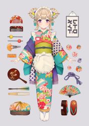Rule 34 | 1girl, blush, eyebrows, hair ornament, hairpin, hand fan, highres, japanese clothes, kimono, light brown hair, long sleeves, looking at viewer, original, purple eyes, shoes, unworn shoes, solo, standing, usamochi., white legwear
