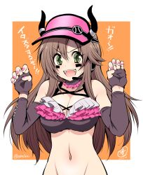 Rule 34 | 1girl, :d, black gloves, black horns, black sleeves, breasts, brown hair, cleavage, commentary request, detached sleeves, facial mark, fangs, fingerless gloves, gloves, green eyes, groin, hair between eyes, hat, headset, himekawa yuki, horns, idolmaster, idolmaster cinderella girls, long hair, looking at viewer, medium breasts, navel, open mouth, orange background, out-of-frame censoring, pink hat, serebi ryousangata, smile, solo, teeth, translation request, twitter username, two-tone background, upper teeth only, visor cap, white background