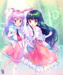 Rule 34 | 2girls, amo (shibu3), animal ears, bamboo, bamboo forest, black hair, blush, brown eyes, rabbit ears, floral print, forest, holding hands, highres, hime cut, houraisan kaguya, interlocked fingers, light purple hair, long hair, multiple girls, nature, necktie, open mouth, puffy short sleeves, puffy sleeves, red eyes, reisen udongein inaba, shirt, short sleeves, skirt, smile, touhou, very long hair, wide sleeves, yuri