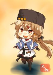 Rule 34 | 1girl, bad id, bad twitter id, black skirt, blue shawl, blush, boots, bow, brown pantyhose, full body, fur hat, hair between eyes, hair ornament, hairclip, hat, highres, jacket, kantai collection, long hair, looking at viewer, miniskirt, open mouth, pantyhose, papakha, red eyes, scarf, shawl, simple background, skirt, smile, solo, star (symbol), taisa (kari), tashkent (kancolle), torn clothes, torn scarf, twintails, white jacket, white scarf