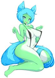 Rule 34 | 1girl, animal ears, areola slip, barefoot, blue hair, borrowed character, breasts, cleavage, colored skin, feet, furry, furry female, green skin, highres, kneeling, navel, original, slingshot swimsuit, slugbox, solo, stomach, swimsuit, tail, thigh strap, toes, transparent background