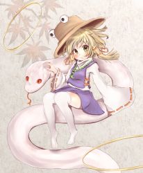 Rule 34 | 1girl, :/, akikaze94, blonde hair, blue skirt, blue vest, blush, brown hat, commentary request, expressionless, green eyes, grey background, hair ribbon, hat, hat loss, high collar, highres, hoop, jewelry, leaf, leaf background, long sleeves, looking at viewer, magatama, maple leaf, mishaguji, moriya&#039;s iron rings, moriya suwako, necklace, over-kneehighs, ribbon, ribbon-trimmed sleeves, ribbon trim, shirt, short hair, short hair with long locks, sidelocks, sitting on animal, skirt, sleeves past fingers, sleeves past wrists, snake, solo, thighhighs, touhou, vest, white shirt, white thighhighs