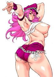 Rule 34 | 1girl, arm behind head, armband, armpits, ass, ass tattoo, blush, breasts, capcom, chain, choker, curvy, final fight, hat, large breasts, looking back, millefeuille, nipples, peaked cap, pink eyes, pink hair, plump, pointing, poison (final fight), short shorts, shorts, skull and crossbones, solo, street fighter, tattoo, wristband