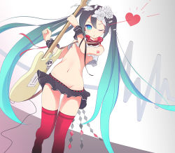 Rule 34 | 1girl, aqua eyes, breasts, electric guitar, flower, green hair, guitar, gumo, hair flower, hair ornament, hatsune miku, heart, highres, instrument, long hair, midriff, navel, nisoku hokou (vocaloid), no panties, one eye closed, plectrum, project diva (series), project diva f 2nd, red thighhighs, skirt, small breasts, solo, thighhighs, twintails, underboob, very long hair, vocaloid, wink