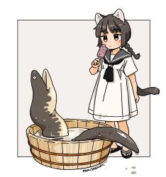 Rule 34 | 1girl, akai sashimi, animal ear fluff, animal ears, arms behind back, artist name, black footwear, black neckerchief, blush, border, braid, braided ponytail, brown eyes, brown hair, cat ears, cat girl, cat tail, closed mouth, dot mouth, dress, eating, eel, flip-flops, food, food bite, grey sailor collar, hand up, holding, holding food, looking at animal, neckerchief, original, outside border, popsicle, sailor collar, sailor dress, sandals, signature, simple background, single braid, solo, standing, tail, washtub, water, white background, white border, white dress