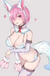 Rule 34 | 1girl, absurdres, animal ears, bare shoulders, bow, bowtie, breasts, cleavage, cosplay, detached sleeves, earrings, eyes visible through hair, fate/grand order, fate (series), fou (fate), fou (fate) (cosplay), fur-trimmed sleeves, fur trim, hair over one eye, highres, jewelry, large breasts, looking at viewer, mash kyrielight, navel, official alternate costume, pink eyes, pink hair, red bow, red bowtie, sherryqq, short hair, solo, tail, thighhighs