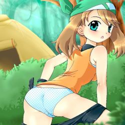 Rule 34 | blue panties, bra, brown hair, camping, clothes pull, creatures (company), forest, game freak, gloves, green eyes, hand on own hip, hip focus, lingerie, looking back, may (pokemon), nature, nintendo, open mouth, panties, pants, pants pull, pokemon, tent, tree, underwear