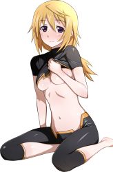 Rule 34 | 10s, 1girl, barefoot, black shirt, blonde hair, blush, breasts, charlotte dunois, clothes lift, extraction, groin, highres, infinite stratos, kneeling, long hair, looking at viewer, medium breasts, navel, pilot suit, purple eyes, shirt, shirt lift, smile, solo, transparent background, underboob