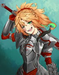 Rule 34 | 1girl, armor, blonde hair, blush, braid, clarent (fate), cowboy shot, crown braid, fate/grand order, fate (series), french braid, gillian, green eyes, highres, looking at viewer, mordred (fate), mordred (fate/apocrypha), open mouth, over shoulder, ponytail, sharp teeth, short hair, smile, solo, teeth, tongue, weapon, weapon over shoulder