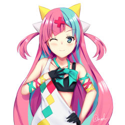 Rule 34 | 1girl, ;), absurdres, aqua ribbon, argyle, arm ribbon, bare shoulders, bikini, bikini top only, black bikini, black gloves, blue eyes, blue hair, blush, bow, chrisandita, closed mouth, collarbone, commentary, cross hair ornament, dress, gloves, hair bow, hair ornament, hand on own hip, hand on own chest, highres, looking at viewer, multicolored hair, one eye closed, pink hair, pinky pop hepburn, red ribbon, ribbon, signature, simple background, single strap, smile, solo, swimsuit, the moon studio, two-tone hair, two side up, upper body, v-shaped eyebrows, virtual youtuber, white background, white bow, white dress, wrist ribbon, yellow bow, yellow ribbon