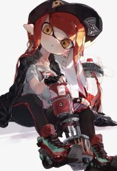 Rule 34 | 1girl, aqua footwear, baseball cap, black hat, black jacket, black leggings, blaster (splatoon), blush, commentary request, cross-laced footwear, dangle earrings, earrings, full body, gun, hat, highres, holding, holding gun, holding weapon, ink tank (splatoon), inkling, inkling girl, inkling player character, invisible chair, jacket, jewelry, leggings, long hair, looking at viewer, multicolored footwear, nintendo, open clothes, open jacket, parted lips, pointy ears, print shirt, red footwear, red hair, shirt, shoes, simple background, sitting, solo, splatoon (series), tentacle hair, thick eyebrows, weapon, white background, white shirt, yellow eyes, yksb inc6, zipper