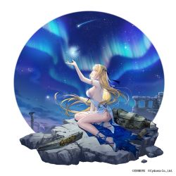 Rule 34 | 1girl, arm up, armlet, armpits, ash arms, aurora, back, bare shoulders, blonde hair, blue eyes, blue ribbon, braid, breasts, choker, copyright notice, dress, earrings, from side, full body, glint, gluteal fold, hair ornament, hair ribbon, high heels, highres, jewelry, ju 87 (ash arms), large breasts, lino chang, long dress, long hair, looking up, night, official alternate costume, official art, outdoors, parted lips, prosthesis, prosthetic leg, ribbon, round image, side slit, sideboob, sidelocks, sitting, smile, solo, star (sky), very long hair, white dress