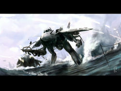 Rule 34 | casing ejection, commentary, f-14 tomcat, firing, gerwalk, letterboxed, macross, mecha, muzzle flash, no humans, ocean, prototype design, realistic, revision, robot, science fiction, shell casing, sky, ukitakumuki, valkyrie, variable fighter, water