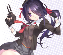 Rule 34 | 1girl, adapted turret, ariake (kancolle), beret, black gloves, black hair, black hat, black jacket, blazer, cannon, collared shirt, commentary request, cowboy shot, fingerless gloves, gloves, gradient hair, grey skirt, hair over one eye, hat, jacket, kantai collection, long hair, long sleeves, looking at viewer, low ponytail, multicolored hair, necktie, pleated skirt, purple eyes, red necktie, sasaki mutsumi, shirt, skirt, solo, turret, white shirt