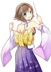 Rule 34 | 1girl, blue eyes, brown hair, detached sleeves, final fantasy, final fantasy x, green eyes, hair ornament, hakama, hakama skirt, heterochromia, japanese clothes, looking at viewer, open mouth, short hair, simple background, skirt, smile, solo, tinkle2013, white background, yuna (ff10)