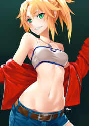 Rule 34 | 1girl, absurdres, bandeau, belt, blonde hair, blue shorts, bra, braid, breasts, cleavage, collarbone, fate/apocrypha, fate (series), french braid, green background, green eyes, grin, hair between eyes, high ponytail, highres, jacket, jewelry, long hair, looking at viewer, midriff, mk (lazymk), mordred (fate), mordred (fate/apocrypha), mordred (memories at trifas) (fate), navel, necklace, open clothes, open jacket, red jacket, short shorts, shorts, simple background, small breasts, smile, solo, standing, stomach, torn clothes, torn shorts, underwear, white bra