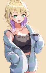 Rule 34 | 1girl, :d, absurdres, blonde hair, breasts, camisole, cleavage, collarbone, colored inner hair, commentary request, cowboy shot, cup, fang, green eyes, hair ornament, hairclip, hand in pocket, highres, holding, holding cup, jacket, kurumi noah, kuwakuma, large breasts, looking at viewer, medium hair, mug, multicolored hair, off shoulder, open mouth, purple hair, simple background, single bare shoulder, skin fang, smile, solo, spaghetti strap, standing, striped clothes, striped jacket, virtual youtuber, vspo!, yellow background