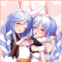 2girls animal_ears bare_shoulders black_gloves blue_hair braid breasts dress gloves heart heart-shaped_pupils heart_hands heart_hands_duo hololive large_breasts medium_breasts mother_and_daughter multicolored_hair multiple_girls napozouattop one_eye_closed pekomama pink_background rabbit_ears rabbit_girl simple_background strapless strapless_dress symbol-shaped_pupils twin_braids two-tone_hair upper_body usada_pekora usada_pekora_(1st_costume) virtual_youtuber white_hair yellow_eyes