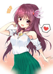 Rule 34 | 1girl, :d, alternate costume, bare shoulders, blush, crescent, crescent pin, green skirt, heart, kantai collection, kisaragi (kancolle), long hair, looking at viewer, notice lines, open mouth, pleated skirt, purple eyes, purple hair, skirt, smile, solo, sou (soutennkouchi), spoken heart