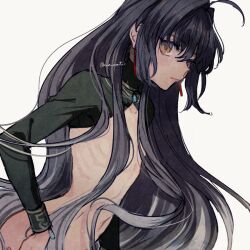 Rule 34 | 1other, ahoge, androgynous, black hair, cropped jacket, earrings, fate/grand order, fate/samurai remnant, fate (series), gradient hair, hair intakes, imomushi, jewelry, long hair, long sleeves, multicolored hair, navel, necklace, orange eyes, sidelocks, simple background, stomach, white hair, yamato takeru (fate)
