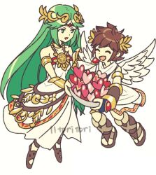 1boy 1girl ^_^ ancient_greek_clothes angel angel_wings armlet bracer brown_hair brown_sandals chain closed_eyes commentary_request feathered_wings fingerless_gloves forehead_jewel full_body gloves gold_armlet gold_chain greco-roman_clothes green_eyes green_hair heart height_difference jewelry kid_icarus kid_icarus_uprising laurel_crown long_hair neck_ring nintendo open_mouth palutena pit_(kid_icarus) sandals scarf smile tori_(11toritori) vambraces white_scarf white_wings wings