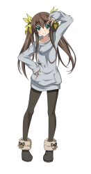 Rule 34 | 10s, 1girl, ankle boots, black pantyhose, boots, brown hair, collarbone, eyebrows, full body, fur trim, green eyes, hair ribbon, hand on own hip, highres, huang lingyin, infinite stratos, long hair, looking at viewer, pantyhose, pom pom (clothes), ribbon, smile, solo, sweater, transparent background, twintails, yellow ribbon