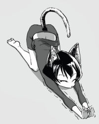 Rule 34 | 1girl, animal ears, bent over, cat ears, cat tail, earrings, closed eyes, female focus, greyscale, jewelry, monochrome, mutouki, original, solo, stretching, tail