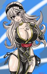 Rule 34 | 1girl, breasts, cleavage, corrin (female) (fire emblem), corrin (fire emblem), cosplay, covered erect nipples, crossover, dead or alive, fire emblem, fire emblem fates, fire emblem heroes, huge breasts, kasumi (doa), kasumi (doa) (cosplay), kunoichi, large breasts, long hair, looking at viewer, nintendo, no bra, no panties, platinum blonde hair, red eyes, redfoil, revealing clothes, smile, solo, tagme