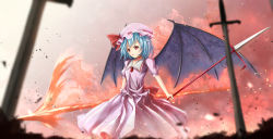 Rule 34 | 1girl, :o, bat wings, blue hair, blurry, brooch, cowboy shot, depth of field, dual wielding, hat, hat ribbon, highres, holding, jewelry, looking at viewer, mob cap, pink shirt, pink skirt, planted sword, planted, polearm, puffy short sleeves, puffy sleeves, red eyes, red ribbon, remilia scarlet, ribbon, shirt, short hair, short sleeves, sinkai, skirt, skirt set, solo, spear, spear the gungnir, sword, touhou, weapon, wings