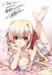 Rule 34 | 1girl, artist name, barefoot, bed sheet, blonde hair, blue eyes, breasts, camisole, chin, cleavage, closed mouth, commentary request, commission, crossed ankles, dated, feet up, hair intakes, hair ribbon, ilfriede von feulner, kuroi mimei, long hair, looking at viewer, lying, medium breasts, muv-luv, muv-luv alternative, muvluv alternative total eclipse, on bed, on stomach, pajamas, pillow, red ribbon, ribbon, shirt, shorts, signature, skeb commission, smile, solo, strap slip, the pose, white shirt, white shorts