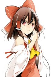 Rule 34 | 1girl, ascot, azuma aya, bare shoulders, bow, brown hair, detached sleeves, hair between eyes, hair bow, hair tubes, hakurei reimu, looking at viewer, own hands together, red bow, red eyes, sidelocks, simple background, smile, solo, touhou, upper body, white background, wide sleeves