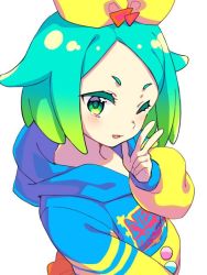 Rule 34 | 1girl, aqua hair, clothes writing, colored eyelashes, commentary request, copyright request, fingernails, forehead, from above, fuyu rin, gradient hair, green eyes, hand up, hood, hood down, light green hair, long sleeves, looking at viewer, multicolored eyes, multicolored hair, one eye closed, pocket, short eyebrows, short hair, solo, third-party source, upper body, w