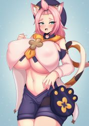 Rule 34 | 1girl, aged up, alternate breast size, animal ear fluff, animal ears, aqua eyes, beret, blue shorts, blush, breasts, bridal gauntlets, cat ears, cat girl, cat tail, covered erect nipples, detached sleeves, diona (genshin impact), genshin impact, hat, highres, huge breasts, long hair, looking at viewer, open mouth, orange scarf, pink hair, ponytail, pouch, puffy sleeves, scarf, shirt, short eyebrows, shorts, sleeveless, sleeveless shirt, smile, solo, tail, tailzkim, thighs, white shirt
