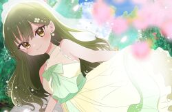 Rule 34 | 1girl, blurry, blurry background, blurry foreground, breasts, bridal veil, brown eyes, closed mouth, collarbone, commentary, dress, dutch angle, earrings, flower, green hair, hair flower, hair ornament, highres, jewelry, link! like! love live!, long hair, looking at viewer, love live!, medium breasts, oogami sachi, see-through, sleeveless, sleeveless dress, smile, solo, straight hair, swept bangs, veil, wedding dress, yellow dress, yumesora (s c d nao)