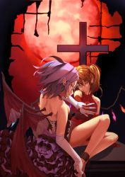 Rule 34 | 2girls, alternate costume, ankle cuffs, back, bad id, bad pixiv id, bare legs, bare shoulders, barefoot, bat wings, blonde hair, blue hair, choker, crazy eyes, cross, cuffs, dress, elbow gloves, female focus, flandre scarlet, frilled dress, frills, from behind, full moon, gloves, grin, hair ribbon, holding hands, highres, interlocked fingers, legs, looking at viewer, looking back, moon, multiple girls, no headwear, no headwear, orange eyes, panties, pantyshot, pointy ears, purple eyes, red dress, red gloves, red moon, red sky, remilia scarlet, ribbon, shackles, short hair, siblings, side ponytail, sisters, sitting, sky, sleeveless, sleeveless dress, slit pupils, smile, smirk, strapless, strapless dress, touhou, underwear, white gloves, white panties, wings, yoo (pixiv630924), yoo (tabi no shiori)