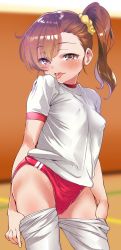 Rule 34 | 1girl, :p, asymmetrical bangs, blurry, blurry background, blush, breasts, brown hair, buruma, commentary request, commission, cowboy shot, depth of field, double vertical stripe, futami mami, gym, gym shirt, gym uniform, hair ornament, hair scrunchie, half-closed eyes, head tilt, highres, idolmaster, idolmaster (classic), indoors, looking at viewer, medium hair, open mouth, partial commentary, pulled by self, red buruma, scrunchie, shift (waage), shirt, short sleeves, side ponytail, skeb commission, small breasts, smile, solo, standing, t-shirt, thighhighs, thighhighs pull, tongue, tongue out, white shirt, white thighhighs, yellow scrunchie