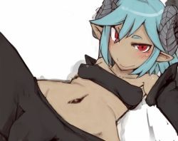 Rule 34 | 1girl, blue hair, blush, breasts, cameltoe, covered erect nipples, female focus, henoeno, horns, looking at viewer, lowres, md5 mismatch, monster girl, navel, no nose, pointy ears, red eyes, resized, small breasts, smile, solo, white background