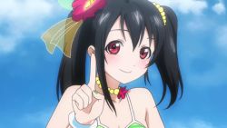 Rule 34 | 10s, 1girl, animated, animated gif, black hair, breasts, cloud, dancing, earrings, flat chest, flower, love live!, love live! school idol project, music, nail polish, navel, necklace, one eye closed, red eyes, singing, smile, swimsuit, twintails, wink, yazawa nico