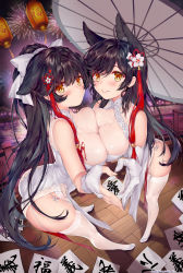 Rule 34 | 2girls, animal ears, ass, atago (azur lane), azur lane, black hair, blush, breast press, breasts, bright pupils, china dress, chinese clothes, cleavage, dress, elbow gloves, fingerless gloves, fireworks, foreshortening, garter belt, gloves, heart, heart hands, heart hands duo, highres, large breasts, leaning forward, long hair, looking at viewer, multiple girls, obiwan, panties, parted lips, pelvic curtain, ponytail, see-through, side-tie panties, side slit, smile, standing, string panties, symmetrical docking, takao (azur lane), takao (the lessons of spring) (azur lane), thighhighs, umbrella, underwear, very long hair, white dress, white gloves, white legwear, yellow eyes